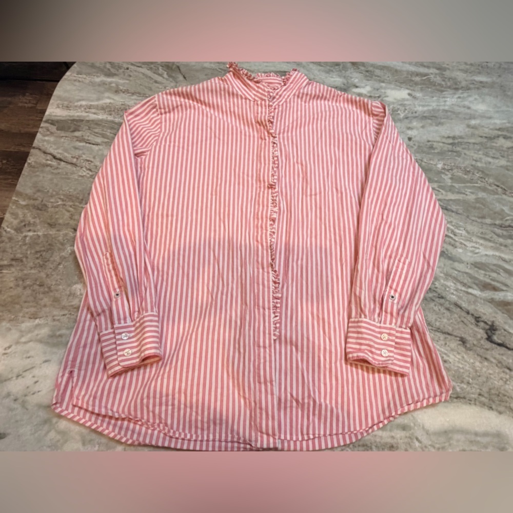 Crown & Ivy Pink White Striped Ruffle Blouse | Women’s Medium